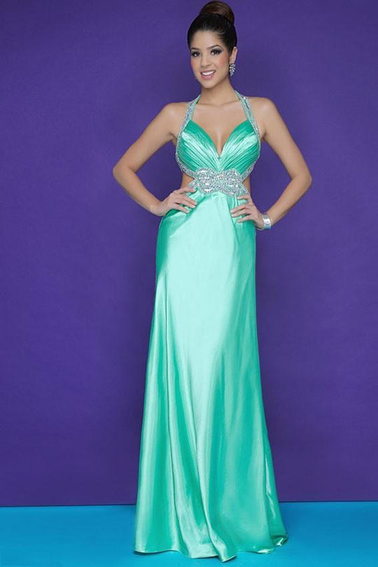 Blush - Embellished Halter Strap Neck A-line Gown 9622 In Green