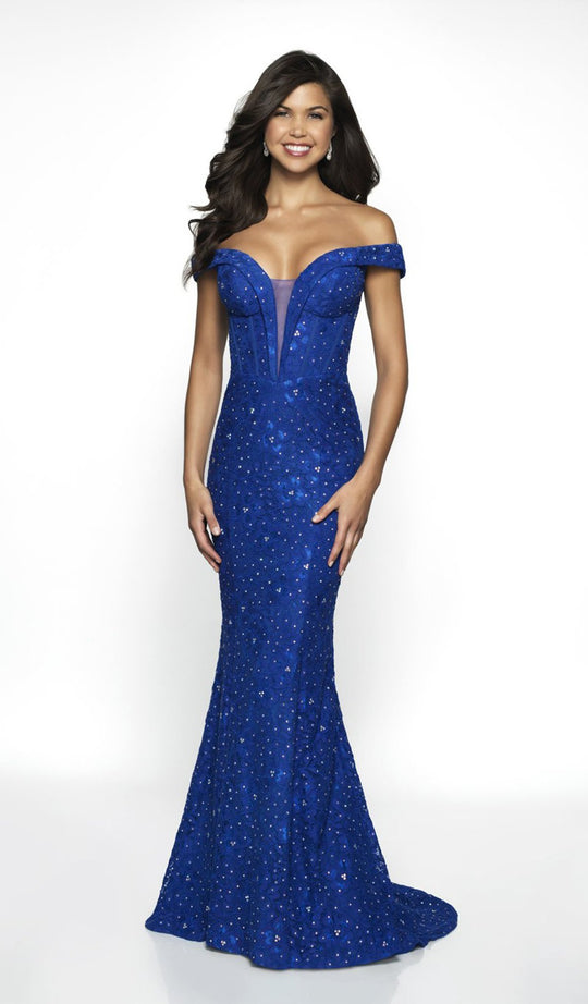 Blush by Alexia Designs - C2084 Plunging Jeweled Corset Lace Gown In Blue