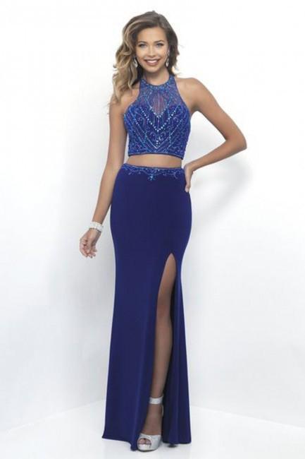 Intrigue - Two-Piece Beaded Halter Top Column  Dress 253 in Blue