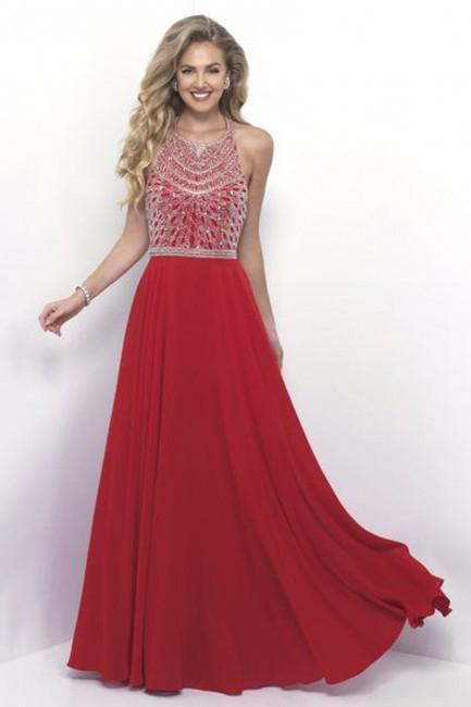 Intrigue - Dazzling Halter Neck A-line Chiffon Evening Gown 277 in Red