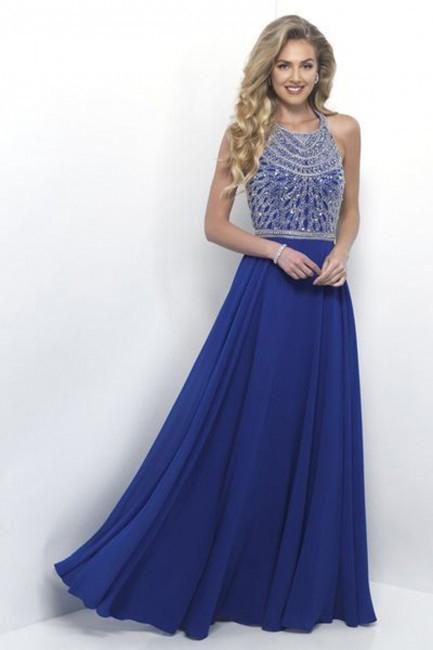Intrigue - Dazzling Halter Neck A-line Chiffon Evening Gown 277 in Blue