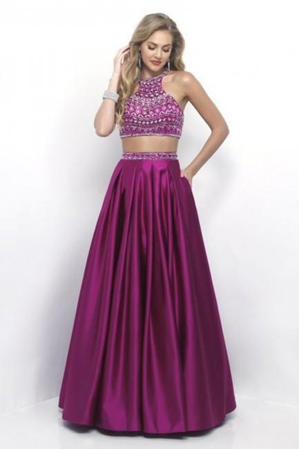 Intrigue - Two-Piece Embellished Crop Top A-line Evening Dress 294 in Purple