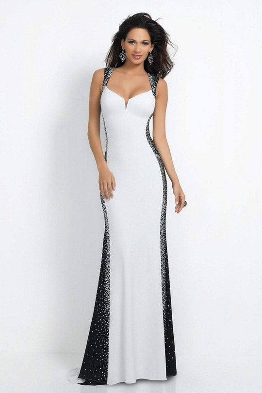 Intrigue - Bejeweled Queen Anne Neckline Sheath Dress 30 in White