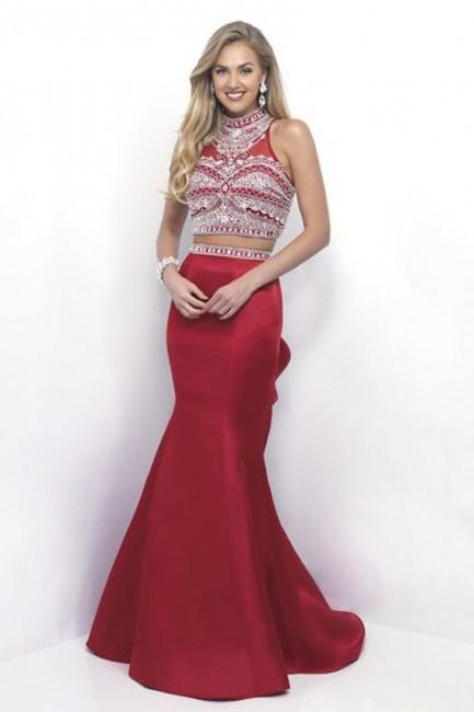 Intrigue - Beaded High Neckline Two-Piece Mermaid Dress 305 in Red