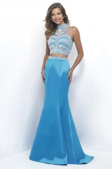 Intrigue - Beaded High Neckline Two-Piece Mermaid Dress 305 in Blue
