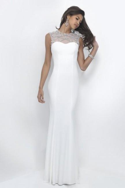 Intrigue - Beaded Illusion Jewel Neckline Evening Gown 306 in White