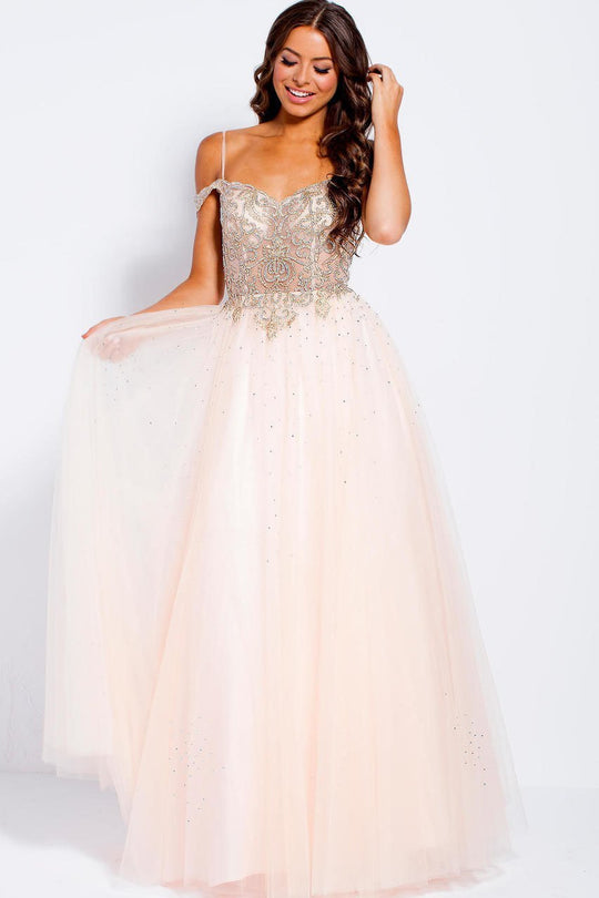 JVN58403 Scalloped Off-Shoulder Ornate Ballgown