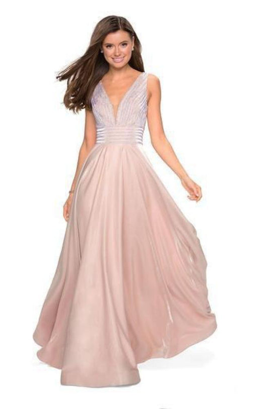 La Femme - 27205 Illusion Plunging V Neck Two Toned Satin A-Line Gown In Neutral and Pink