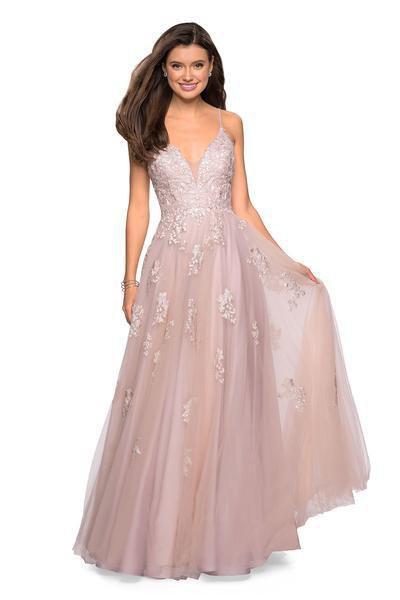 La Femme Gigi - 27320 Floral Embroidered Plunging Tulle Gown In Pink