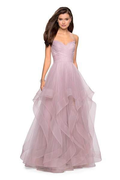 La Femme - 27223 Ruched Surplice Bodice Cascading Tulle Gown In Pink