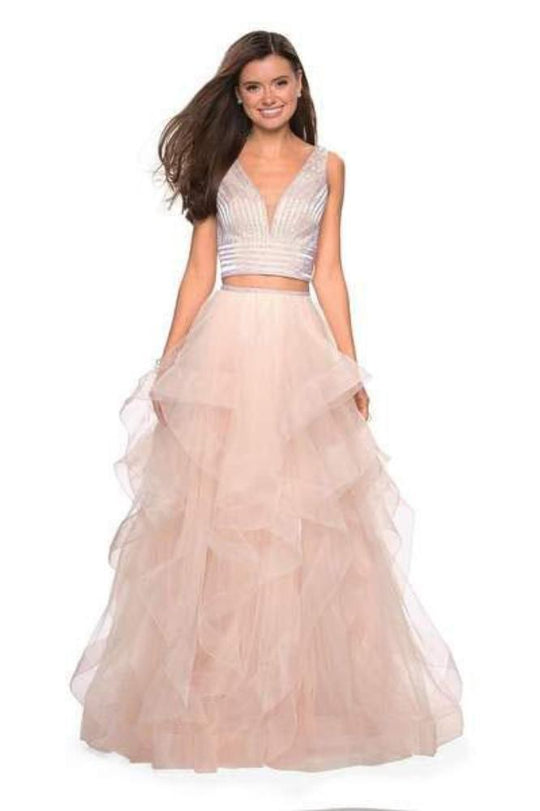 La Femme - Two-Piece Plunging Beaded Tiered Evening Gown 27445 In Pink