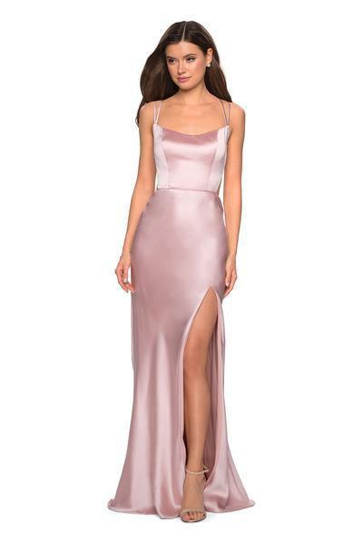 La Femme - 27010 Strappy Scoop Evening Gown with Slit In Pink