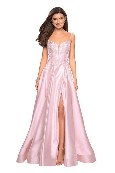 La Femme - 27528 Embroidered Floral High Slit Mikado Gown In Pink