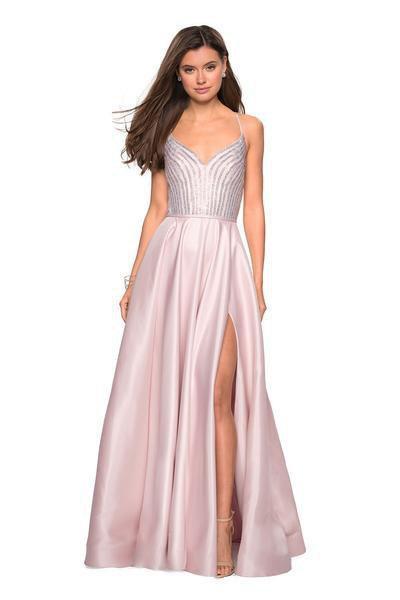 La Femme - 27634 Rhinestone Embellished A-Line Gown with Slit In Pink