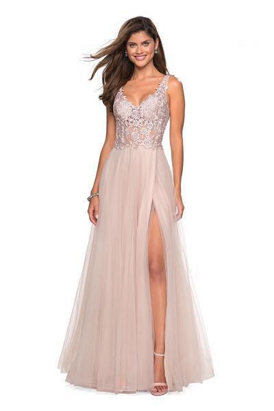 La Femme - 27574 Floral Embroidered A-Line Gown with Slit In Pink