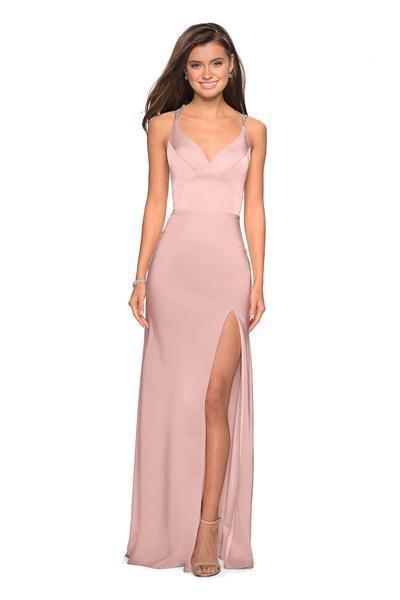 La Femme - 27519 Seamed Strappy Evening Dress with Slit In Pink