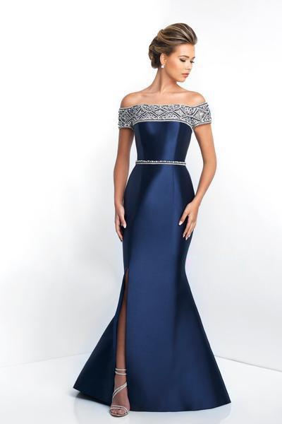 Blush Social Occasion - S2009 Geometric Off-Shoulder mermaid Gown with Slit