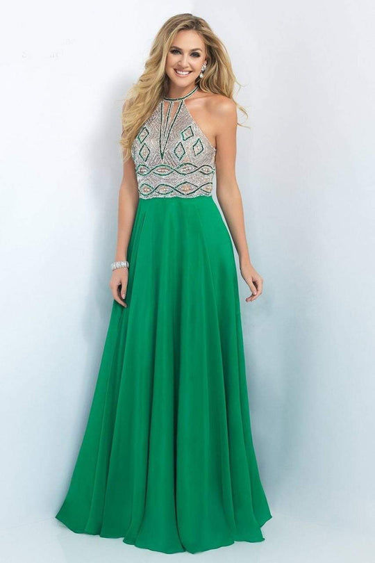 Blush - Bead Embellished High Neck Chiffon A-line Gown 11002 in Green and Neutral