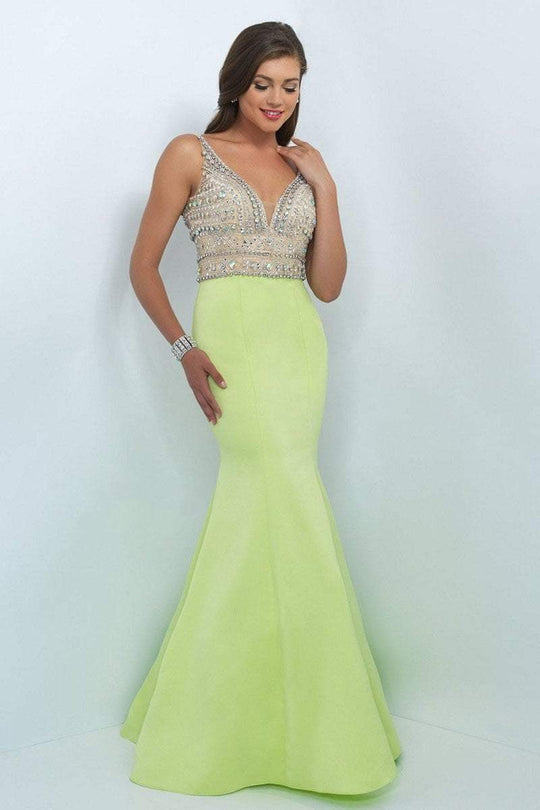 Bejeweled V-neck Satin Trumpet Gown 11025