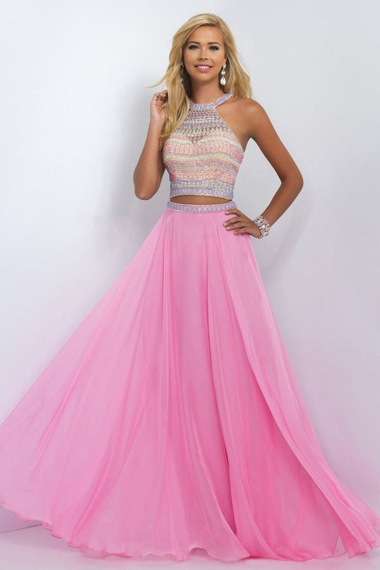 Blush - Two-Piece Bejeweled Illusion High Neck Gown 11056 in Pink