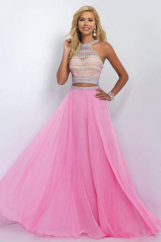 Blush - Two-Piece Bejeweled Illusion High Neck Gown 11056 in Pink