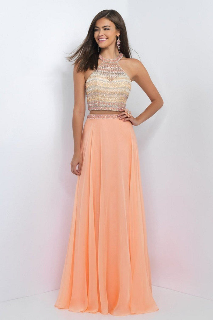 Blush - Two-Piece Bejeweled Illusion High Neck Gown 11056 in Orange