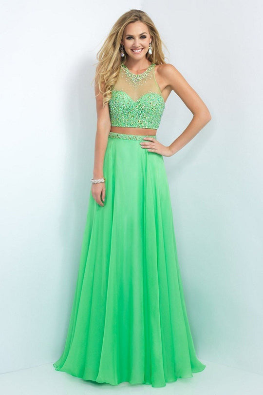 Blush - Bejeweled Illusion Halter Neck Chiffon A-line Gown 11062 in Green