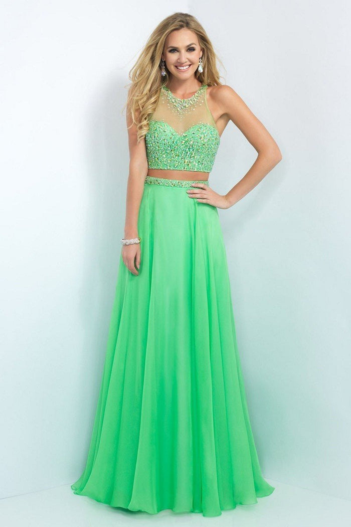 Blush - Bejeweled Illusion Halter Neck Chiffon A-line Gown 11062 in Green
