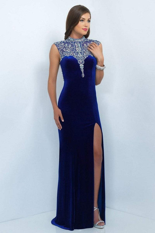 Blush - Jeweled Cap Sleeve High Neck Velvet Sheath Dress 11075 in Blue