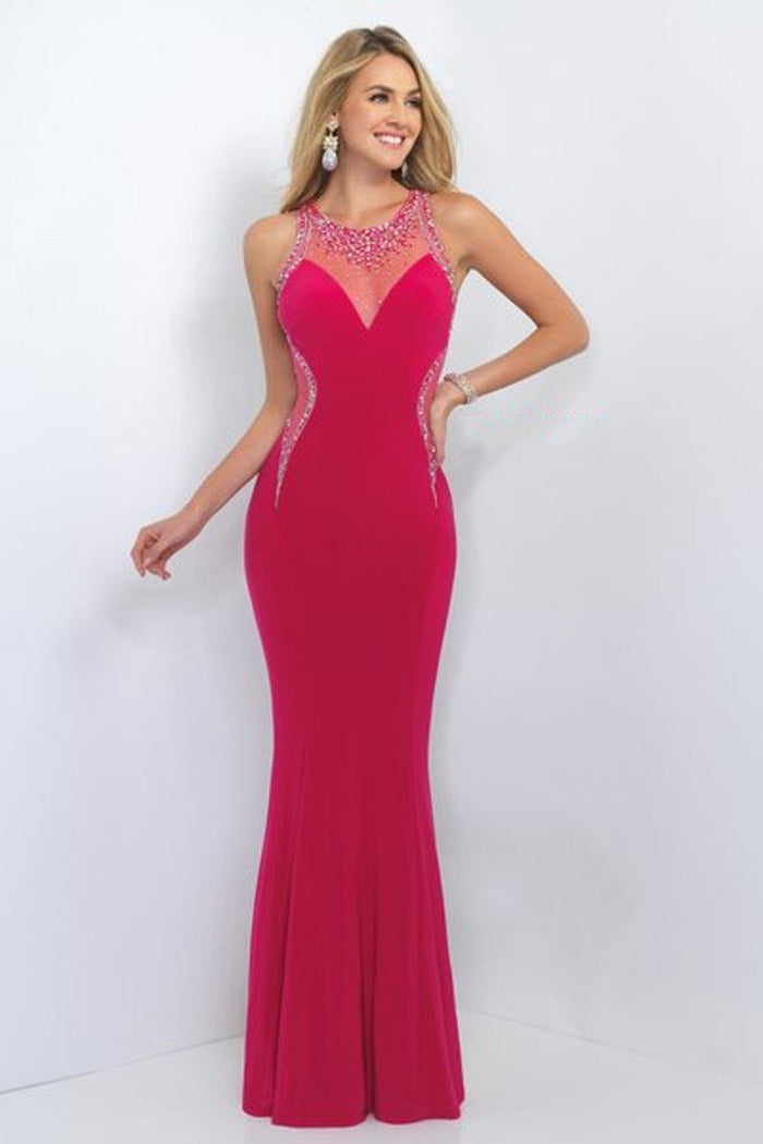 Blush - Bedazzled Jewel Neck Jersey Sheath Dress 11080 In Pink