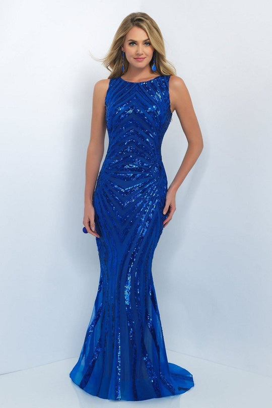 Blush - Sequined Jewel Neck Trumpet Dress 11118 in Blue