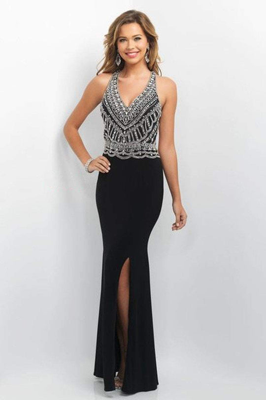 Blush - Bejeweled Halter Neck Jersey Sheath Dress 11134 In Black and Silver