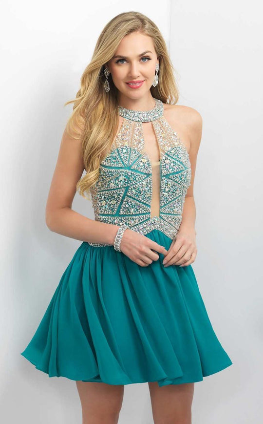 Blush - Embellished Illusion High Neck  A-line Dress 11164 In Green
