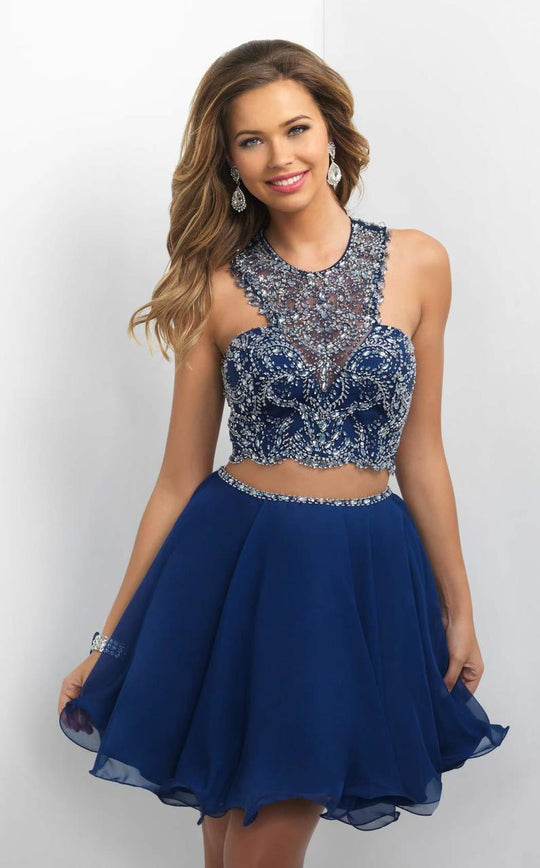 Blush - Two-Piece Beaded Modified Halter Neck Dress 11183 In Blue