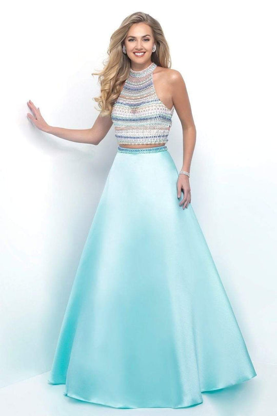 Blush - Two-Piece Decked High Neck Mikado A-line Dress 11216 in Green and Multi-Color