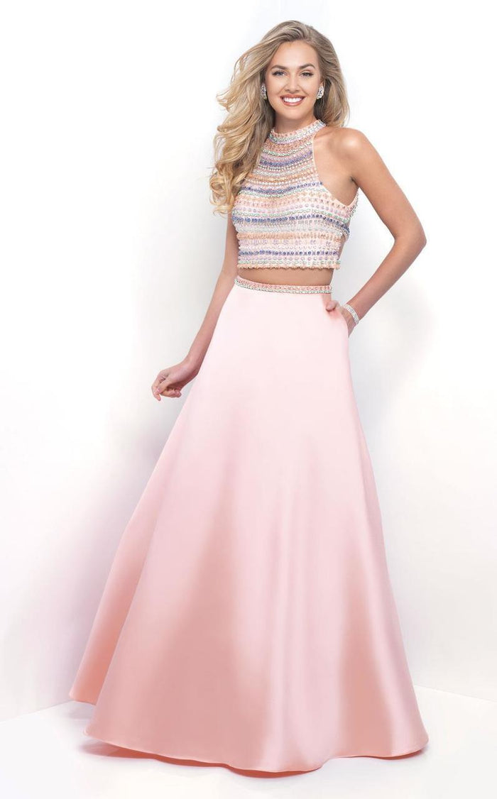 Blush - Two-Piece Decked High Neck Mikado A-line Dress 11216 In Pink and Multi-Color