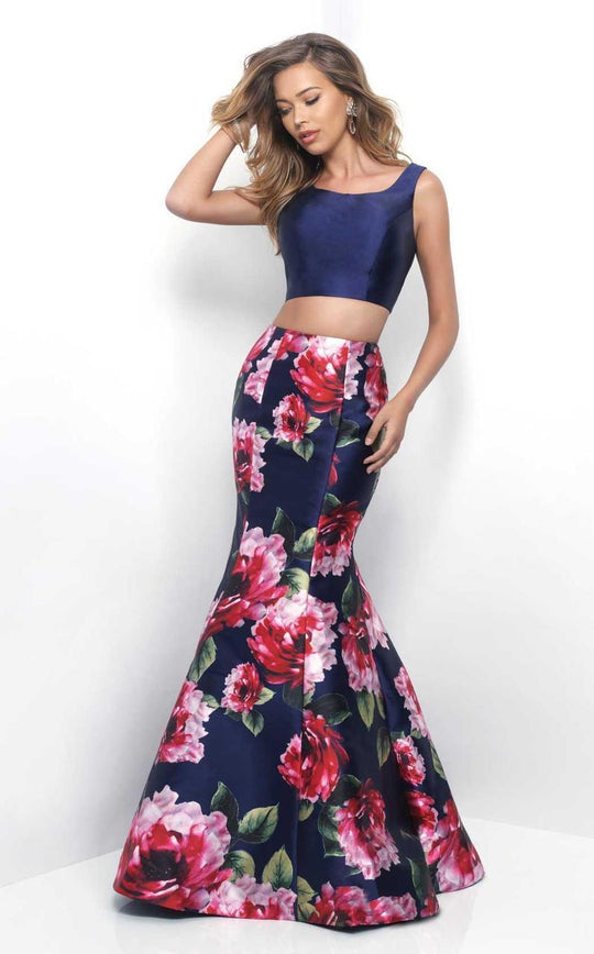 Blush - Two-Piece Scoop Neck Printed Mikado Mermaid Dress 11233 In Blue and Multi-Color