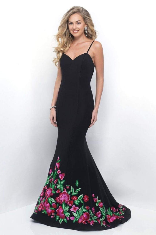Blush - Floral Embroidered Sweetheart Scuba Trumpet Dress 11237 in Black and Multi-Color