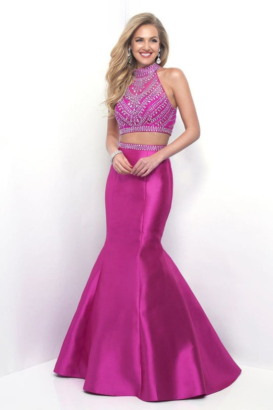Blush - Two-Piece Crystal Halter Mikado Trumpet Gown  11268 in Pink