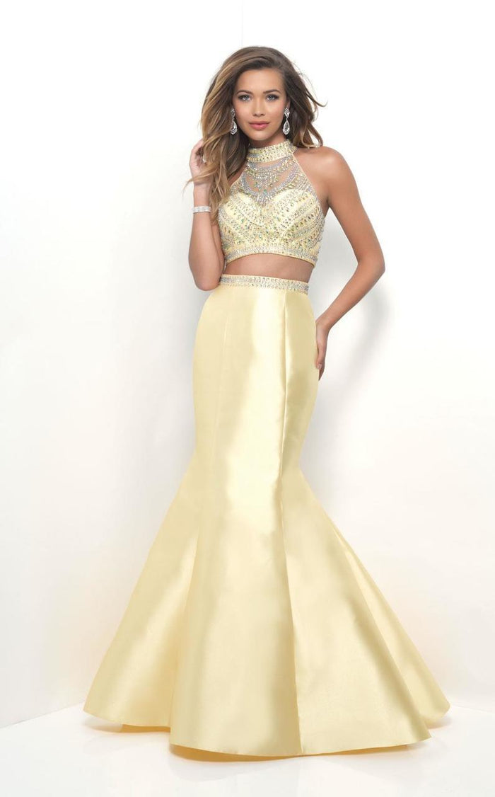 Blush - Two-Piece Crystal Halter Mikado Trumpet Gown  11268 In Yellow
