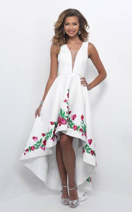 Blush - Floral Embroidered V-Neck High Low Gown 11272 in White and Multi-Color