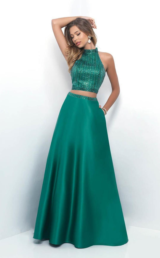 Blush - Jewel Ornate High Halter Satin A-Line Gown 11273 in Green