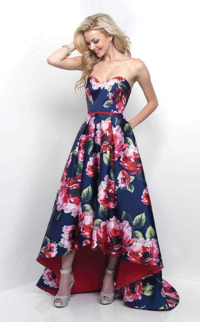 Blush - Sweetheart Floral Print High-Low Gown 11286 in Blue and Multi-Color