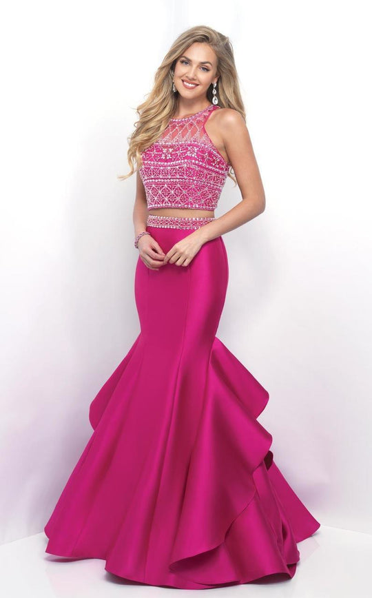 Blush - Adorned High Illusion Ruffled Trumpet Gown 11287 in Pink