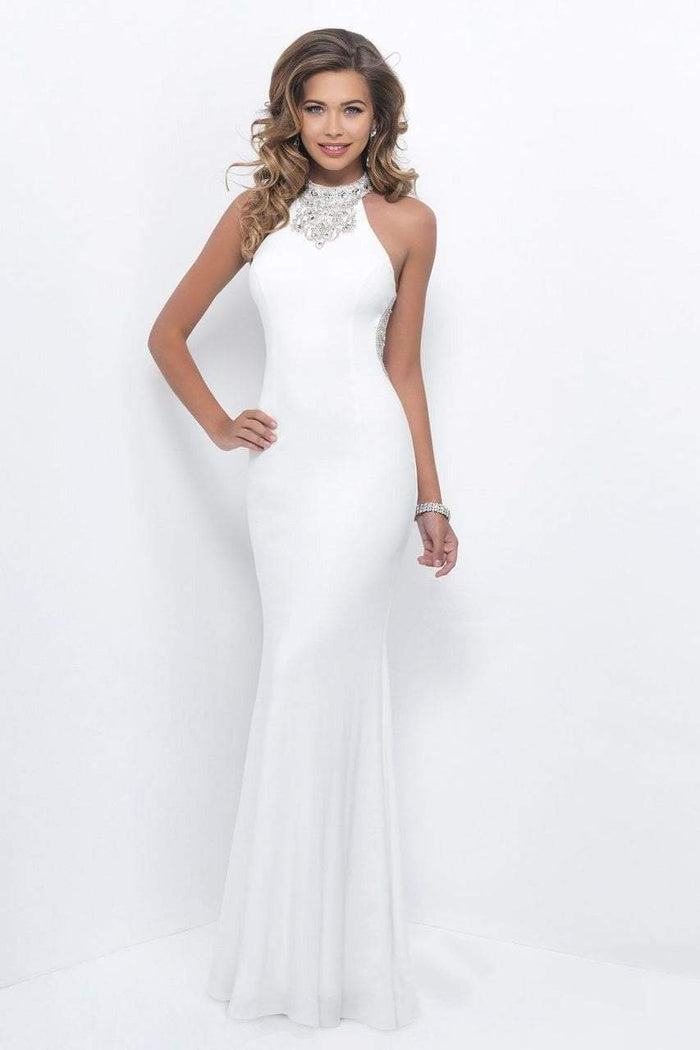 Blush - Stunning Bejeweled High Halter Sheath Gown 11307 in White