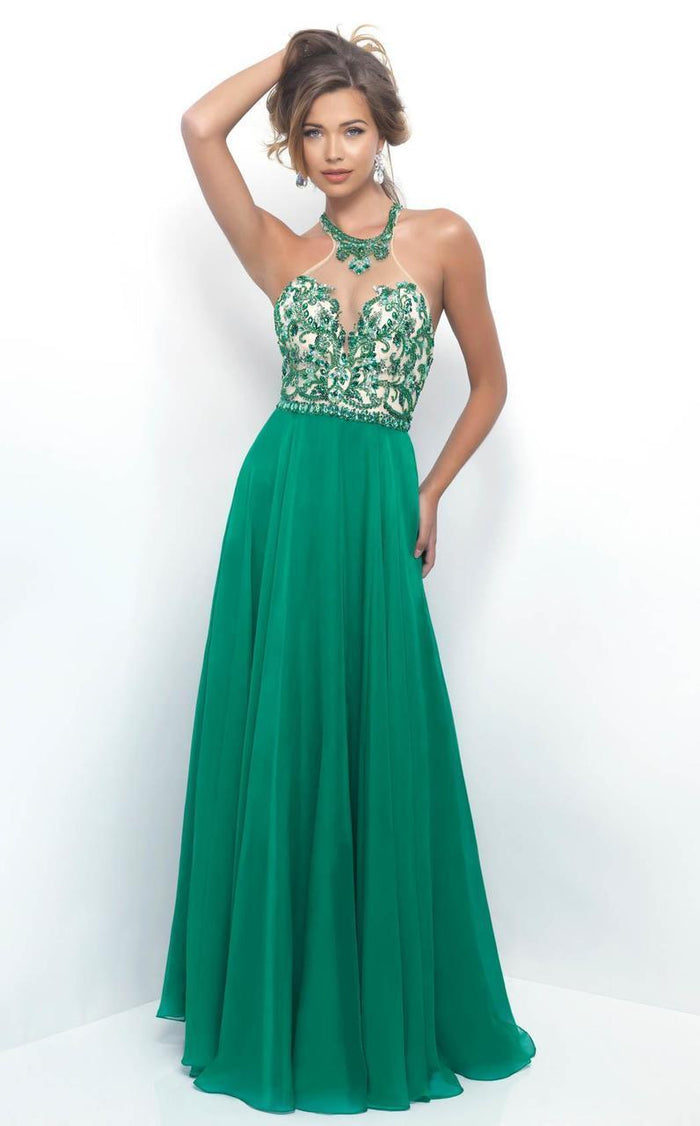 Blush - Floridly Ornate High Illusion A-Line Gown 11311 in Green and Neutral
