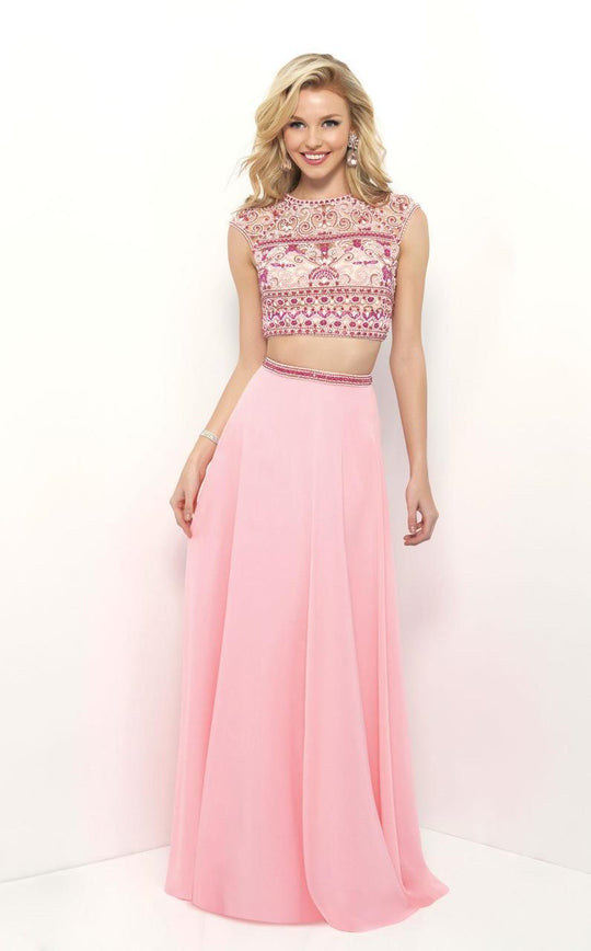 Blush - Beaded Jewel Illusion Chiffon A-Line Gown 11317 in Pink