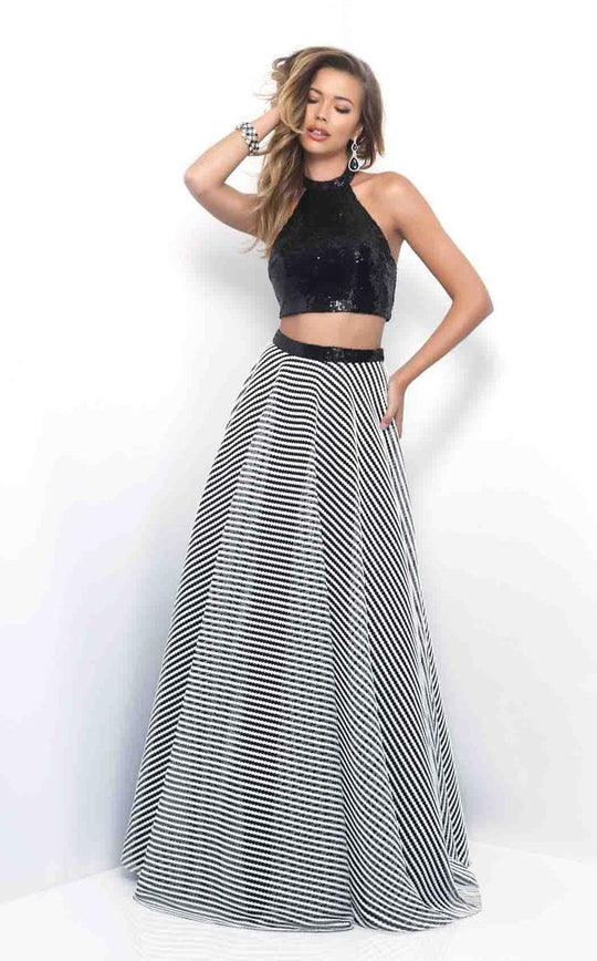 Blush - Sequined Two-Piece A-Line Gown 11323 in Black and White