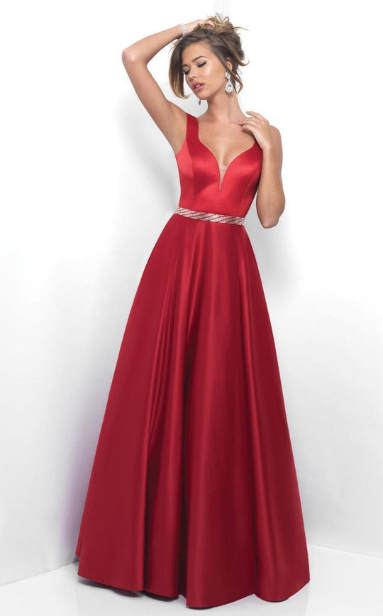 Blush - Svelte Plunging V-Neck Satin A-Line Gown  11330 in Red