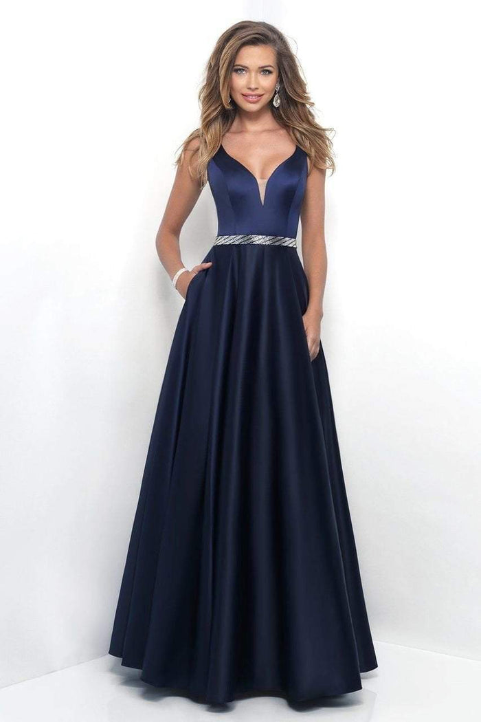 Blush - Svelte Plunging V-Neck Satin A-Line Gown  11330 in Blue